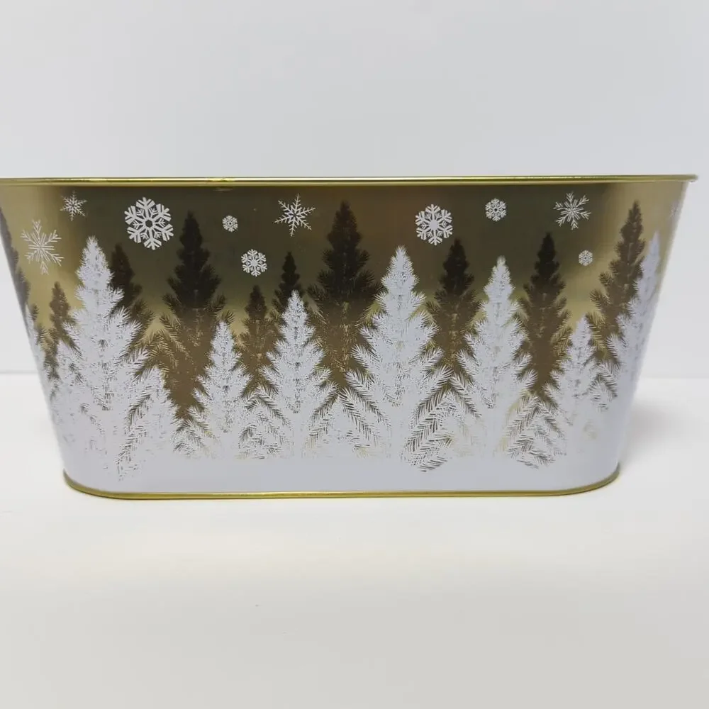 Winter Forest Oval Metal Planter, Centerpiece or Gift Basket Container